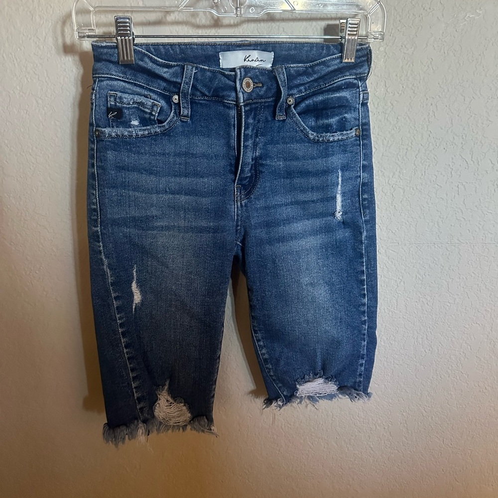 KanCan Women's Dark Blue Distressed Denim Shorts